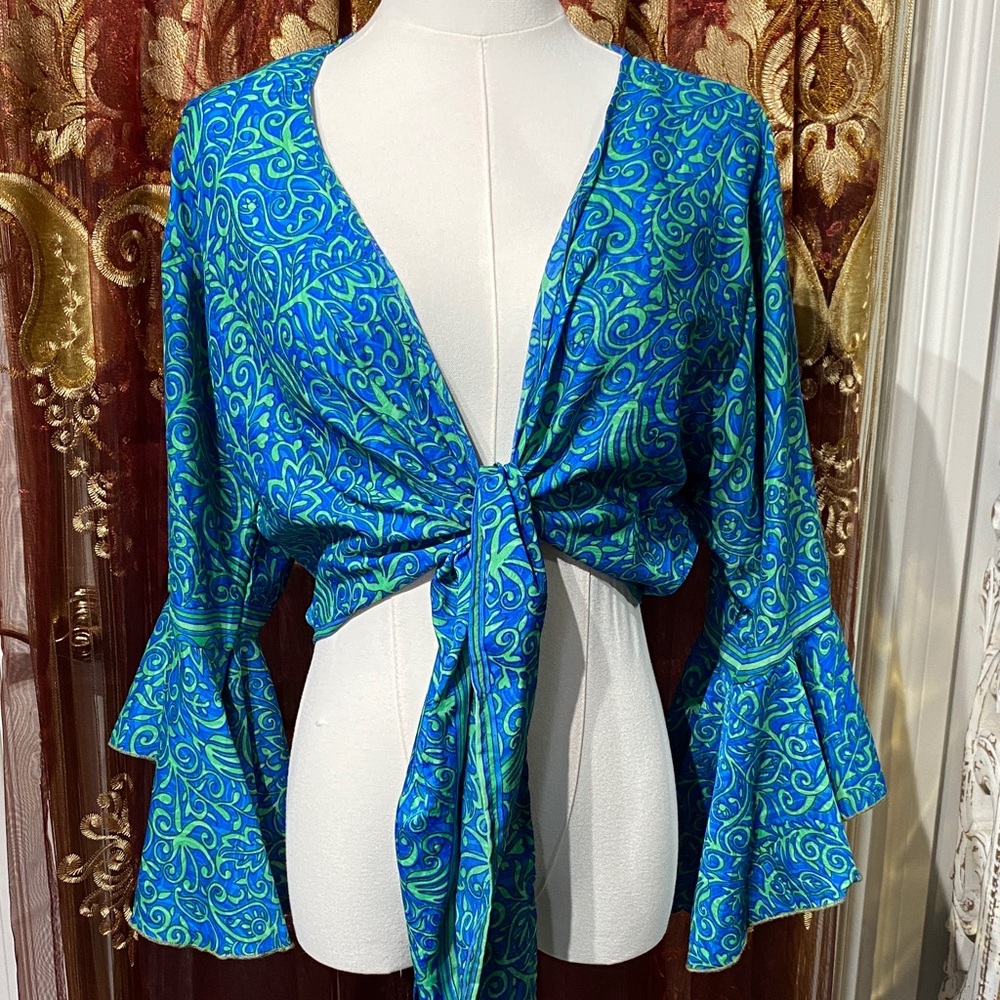 Tie-Front Paisley Blouse in Blue & Green